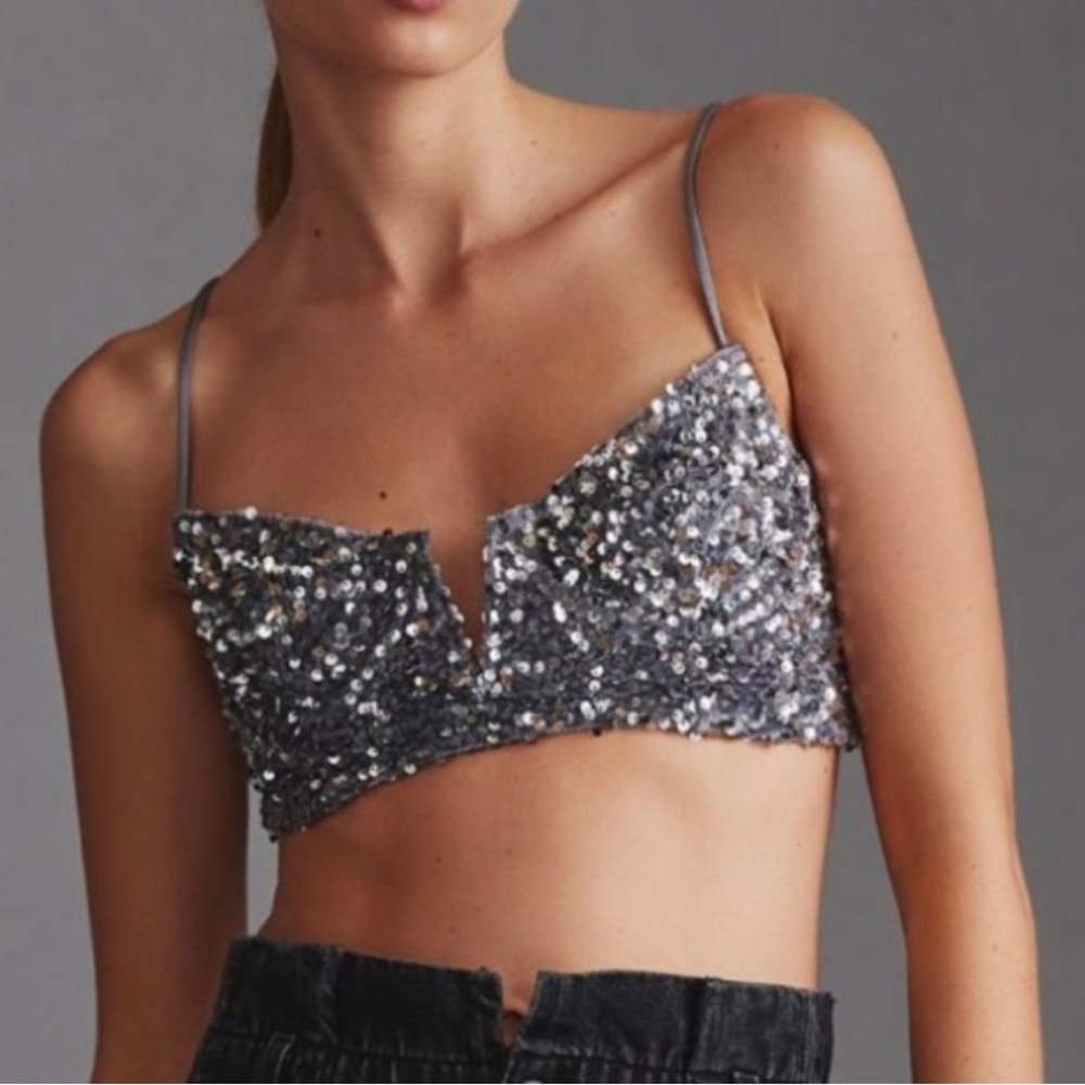 Anthropologie Eve Sequin Velvet Silver Bralette Crop Top Small